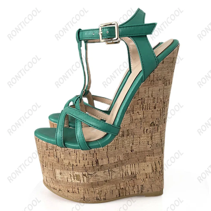 Ronticool Handmade Women T-strap Sandals Ultra High Wedges Heels Round Toe Classics Black Dress Shoes Ladies US Plus Size 5-15