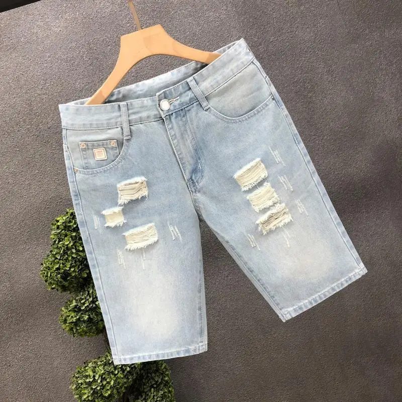 2024 Summer Popularity Light Blue Cowboy Shorts Men High Street Hole Quarter Pants Youth Slim Loose Fashion All-match Trousers