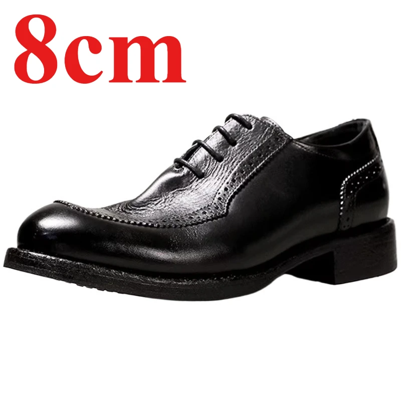 Retro Brown Washed Cowhide Men's Dress Shoes 8cm Elevator Wedding Shoes Business Breathable Comfortable Height Increasing Shoes