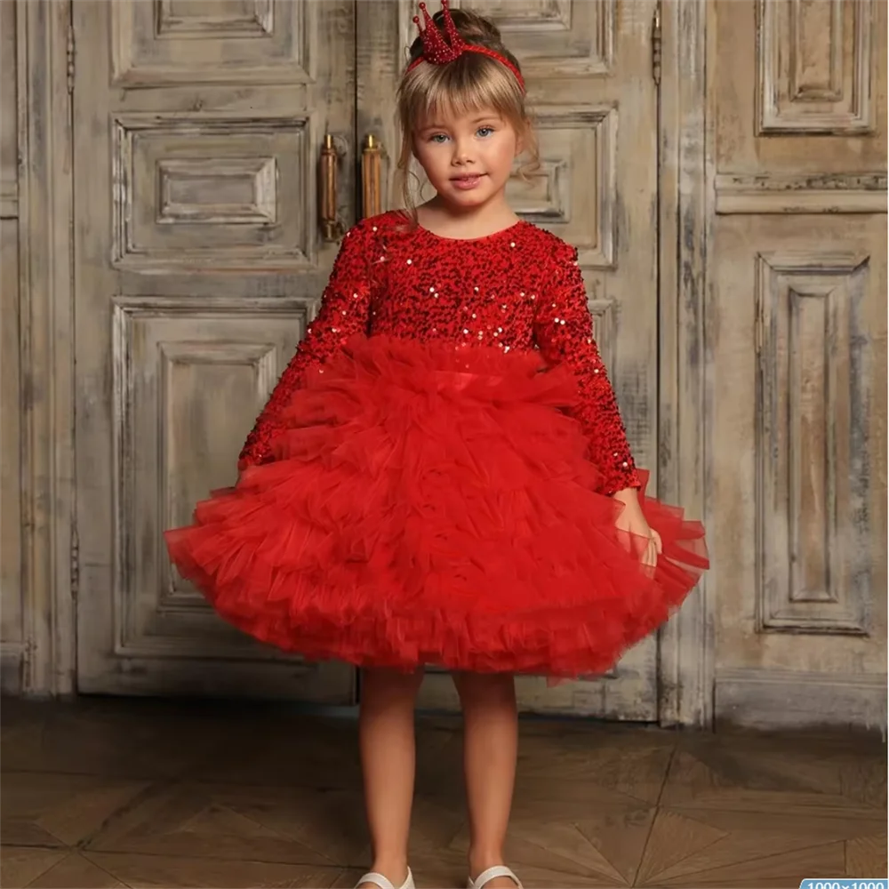 Sequins Full Sleeve Flower Girls Dresses with Gossamer New Christmas Gowns Tiered Christmas Birthday Prom Customize Gowns