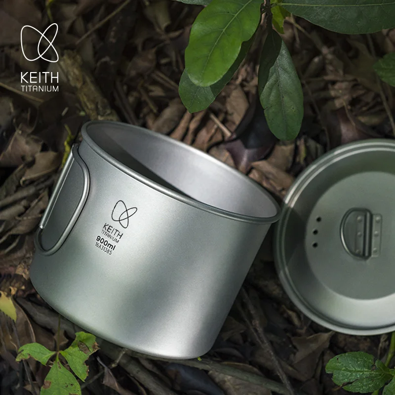 KEITH Titanium Mug 900ml, Ultralight Single Person Cooking Pot, Foldable Handle Outdoor Camping Cup with Storage Mesh Bag