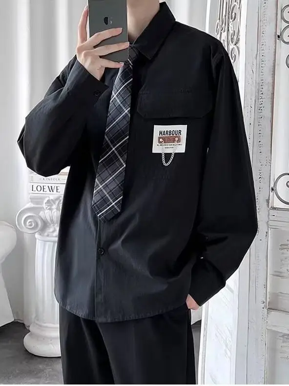 

Loose Casual Long Sve irt for Men And Women with Tie Spring Autumn Seasonal Polyester Fabric Button Detailing Youthful S...