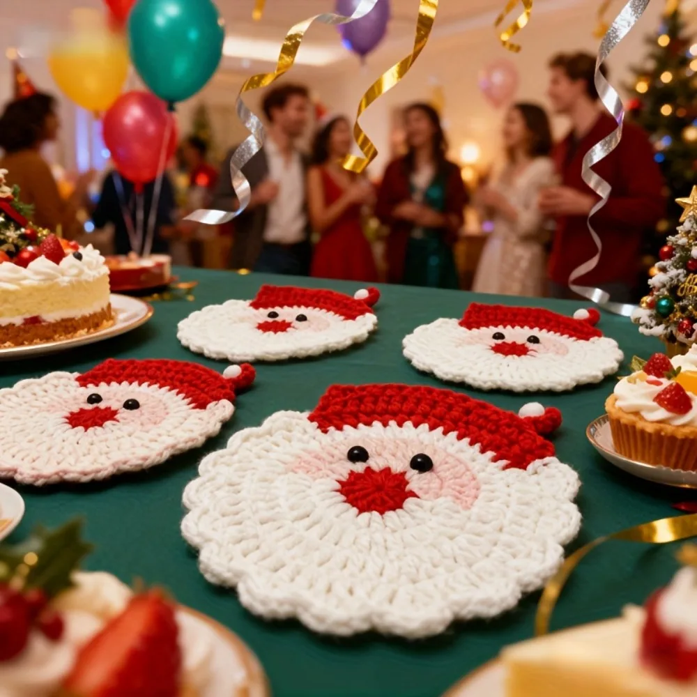 محبوك سانتا الوقايات 4 قطع وعاء مقاوم للحرارة حصيرة مجموعة تستخدم لقضاء عطلة أدوات المائدة الموسمية زينة عيد الميلاد #1