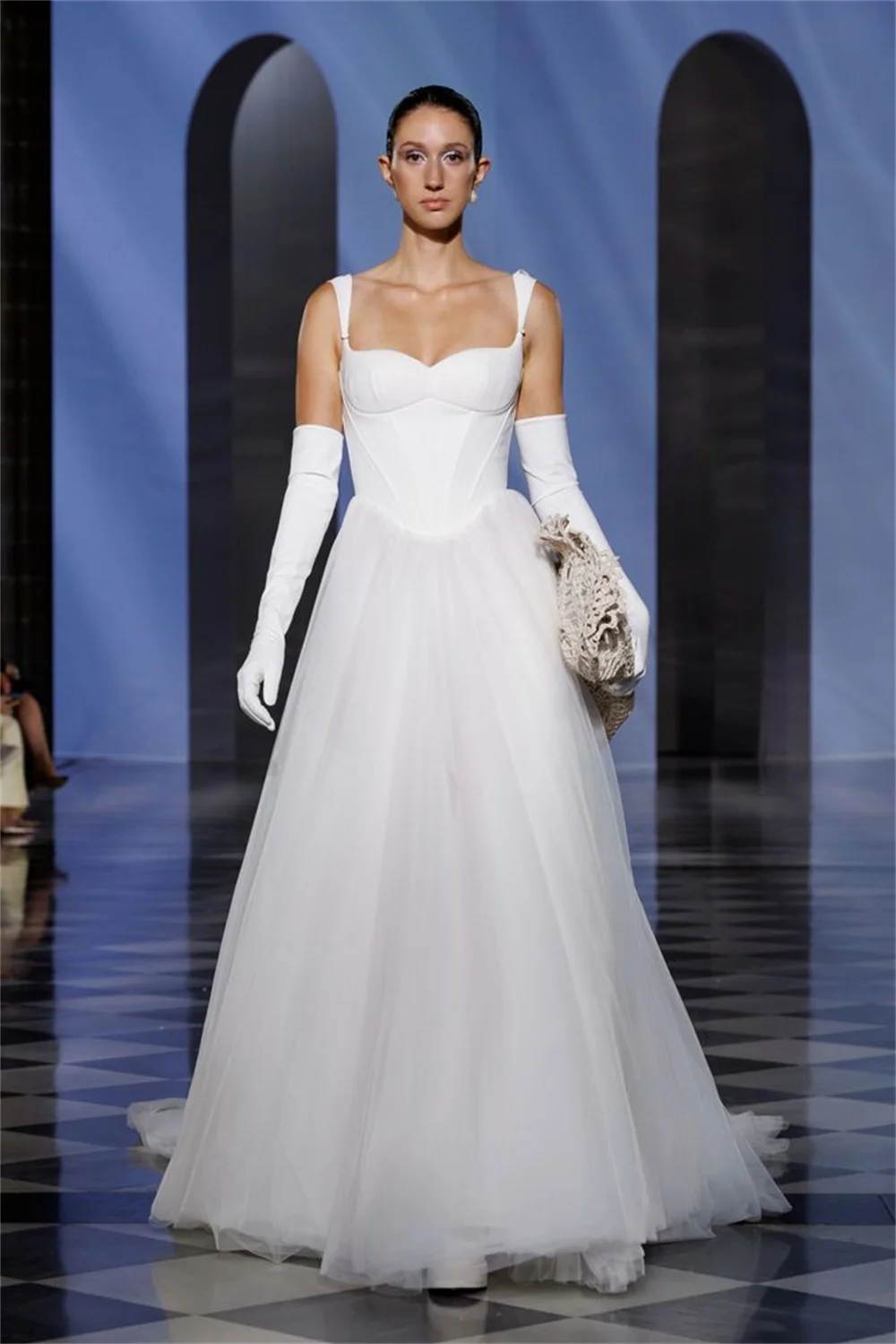Customized Delicate Chic Sweetheart Spaghetti Strap Corset Tulle Wedding Dress Classic A Line Voluminous Flared Court Train