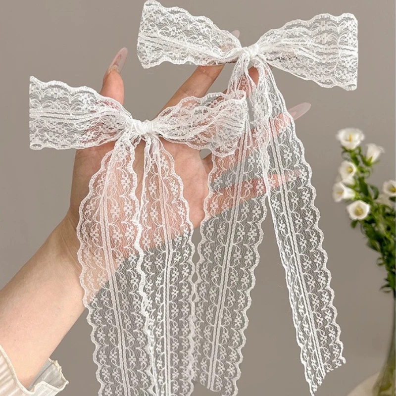 1/2pcs Korean White Lace Bow Hairpin for Women Girls Ribbon Hair Clips White Long Ribbon Bow Top Clip Female Hair Accessories