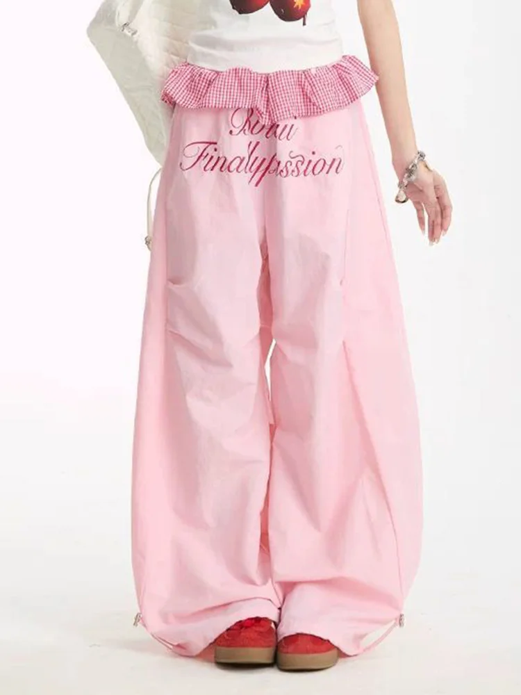 Ruffles Patchwork Paratrooper Pants Women Vintage American Hip Hop Streetweear Cargo Pant Summer High Waist Letter Trousers New