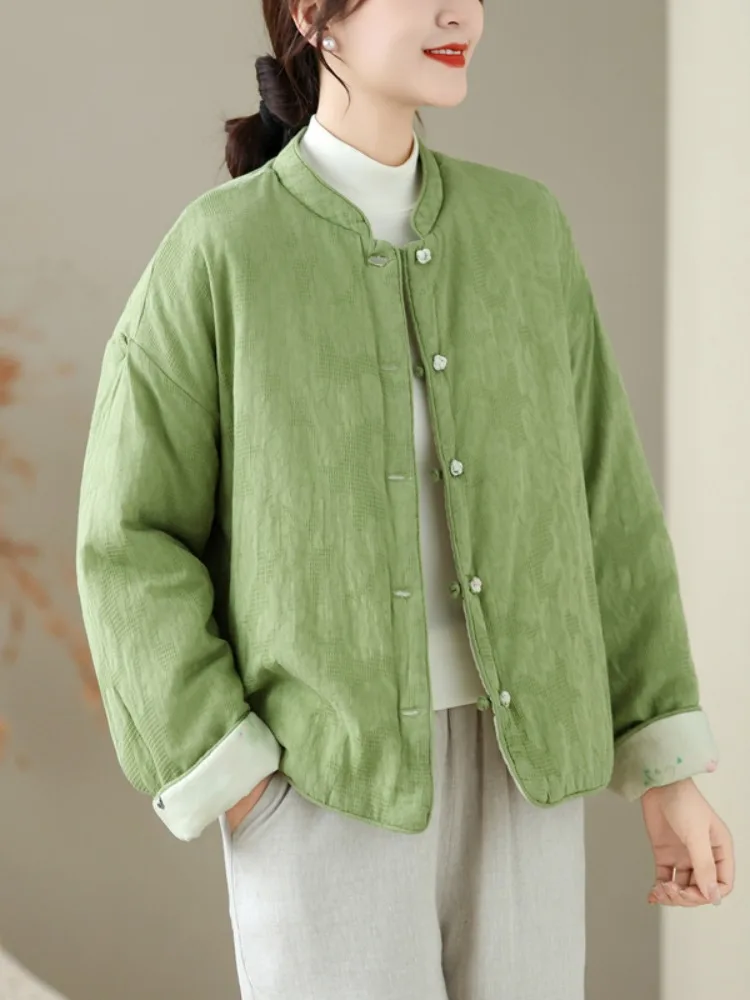 

Retro Thiened Cotton lin Women's Jaet Small Size Coat with Button And Print Design Winter Warm Flannel Outerwear