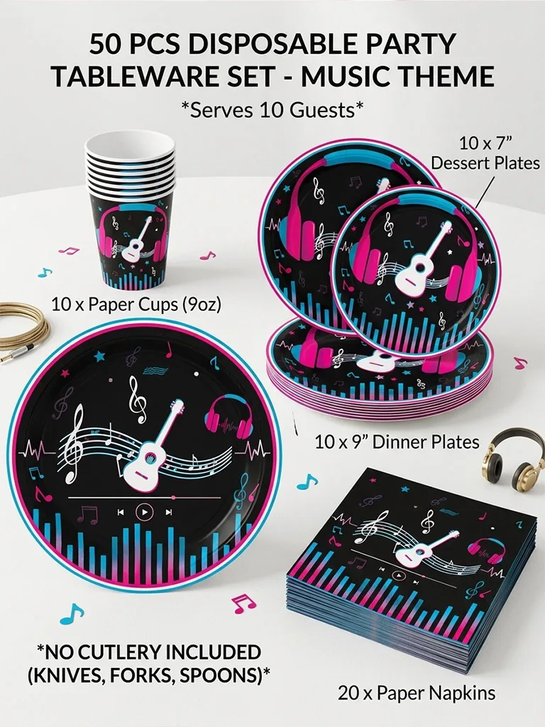 10/50pcs Music Theme Party Tableware Set, Guitar Headphone Musical Note Plates Cups Napkins for Birthday Party Decor