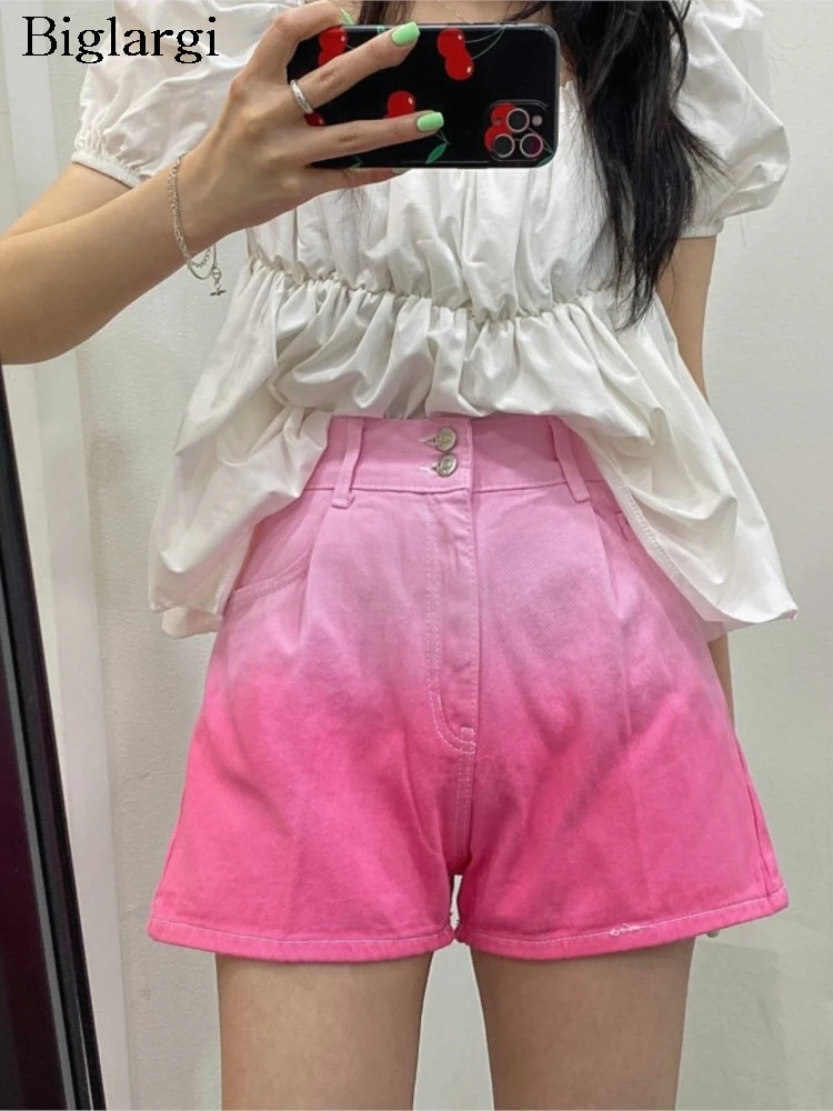 

High Waist Jeans Summer Pink Gradient Print Mini Shorts Women Fashion Loose Ladies Trousers Korean Style Woman Wide Leg Shorts