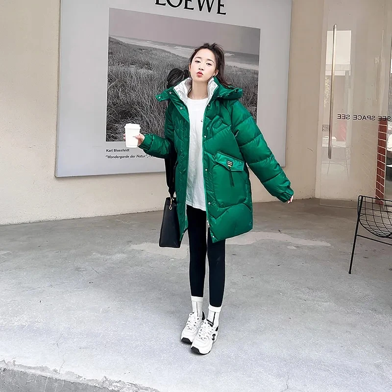 2025 Winter New Wash-Free Brightening Down Cotton-Padded Jacket Women Overcoat Korean Length Loose Hooded Thick Warm Parker Coat