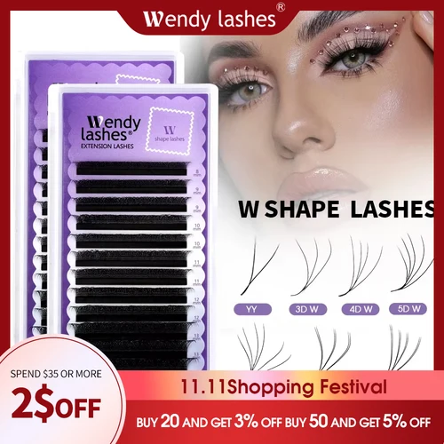 Wendy Lashes Extensiones de pestañas en forma de YY, floración automática en forma de W, floración 3D 4D 5D 6D 8DP, suministros prefabricados, pestañas negras Cilios 5D