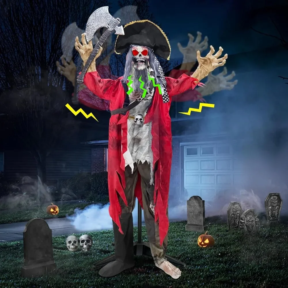 6.4ft Extra Tall Halloween Animatronic Talking Standing Pirate Ghost Decoration Voice Control Flashing Red Eyes Horror Sounds