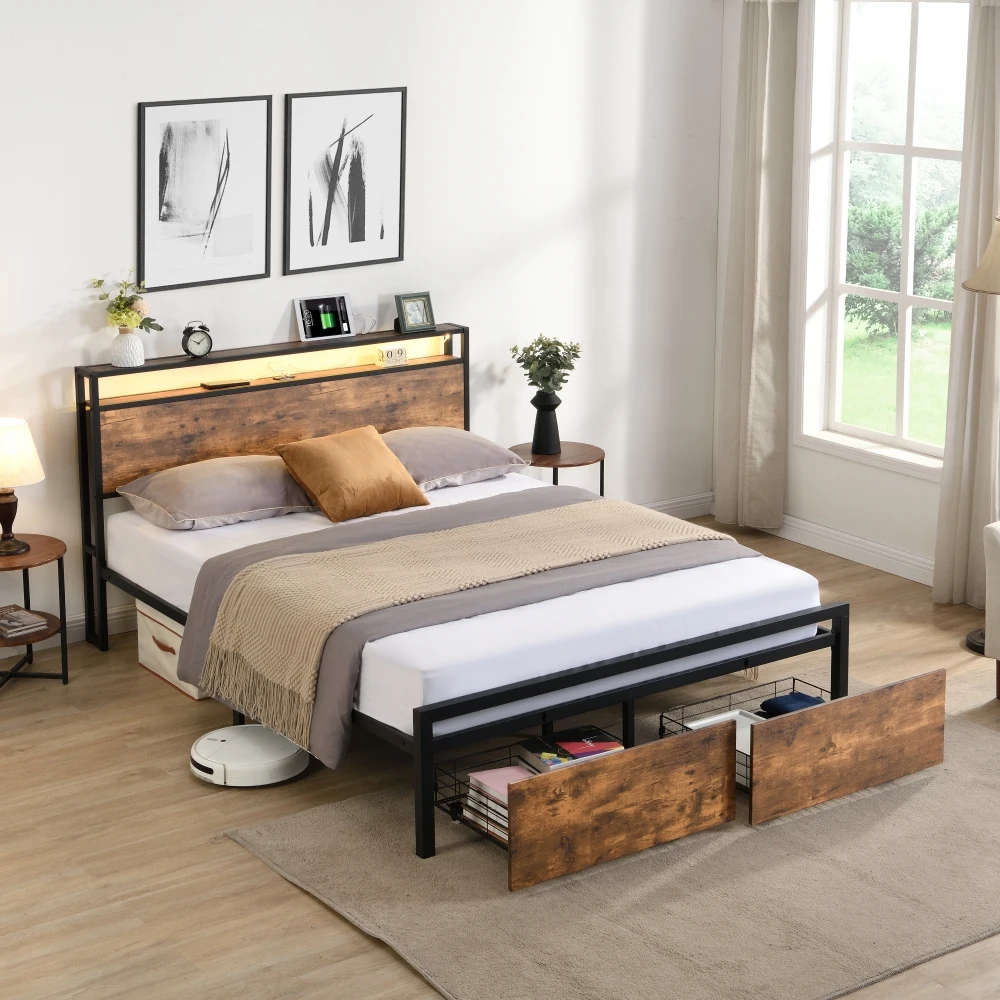 Modern Industrial Queen Bed Frame with Storage Headboard and 2 Drawers,LED Lights and 2 USB Ports, No Box Spring Needed