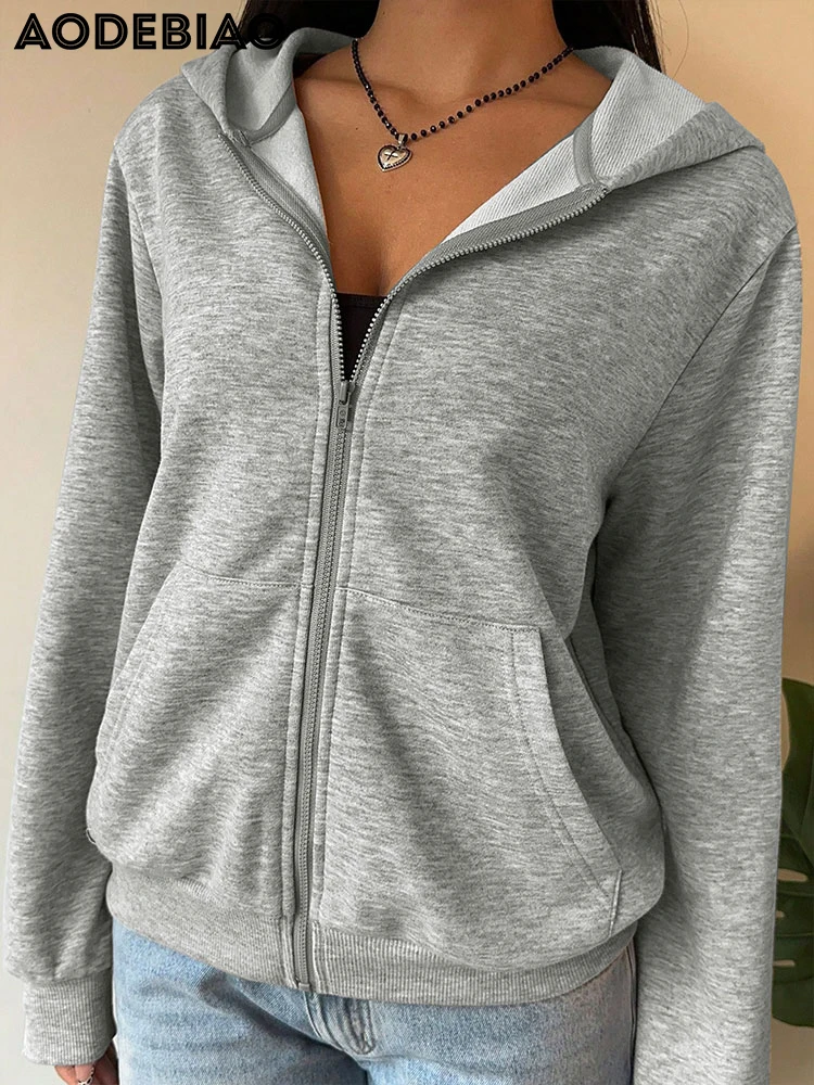 AODEBIAO Grey Hooded Hoodie Women Sports Autumn Long Sleeves Fashion Zippers Coat Top Casual Solid Basic Hoodie Women Streetwear