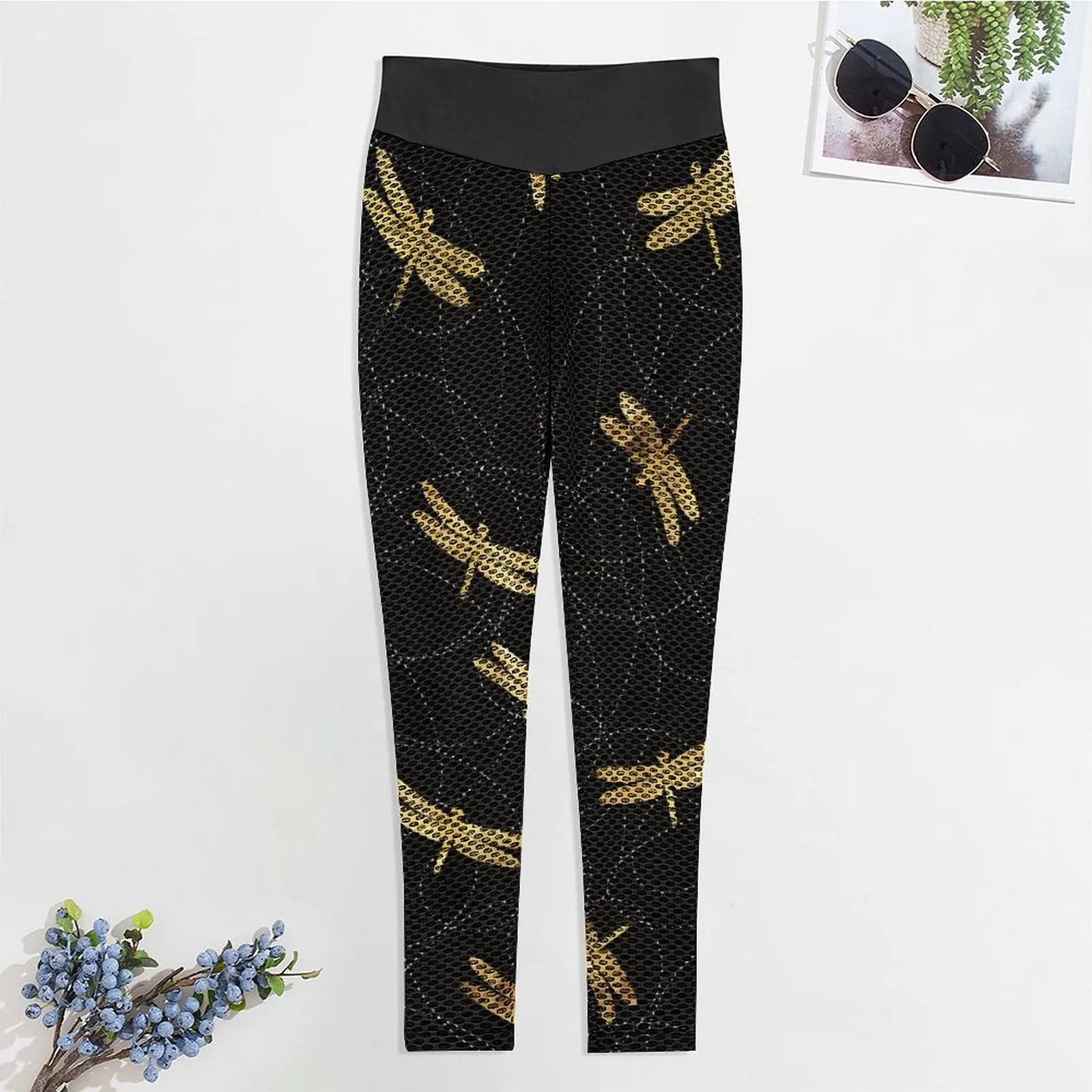 Mallas de libélula doradas, pantalones de Yoga para gimnasio con animales modernos, mallas Vintage de cintura alta para mujer, medias deportivas sexis con patrón elástico