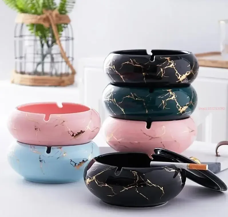 Imitation Marble Ashtray with Lid Living Room Desktop Decor Anti-fly Ash Ornaments Ceramic Cigar Ashtray Lighter and Smoking Set
