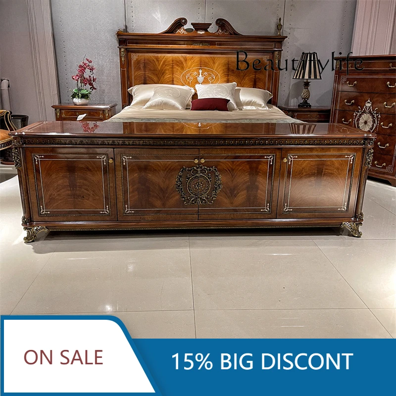 

European Solid Wood TV Cabinet Mansion 2.2 Meters Video Cabinet Floor Cabinet Brass Decorative Inlay X