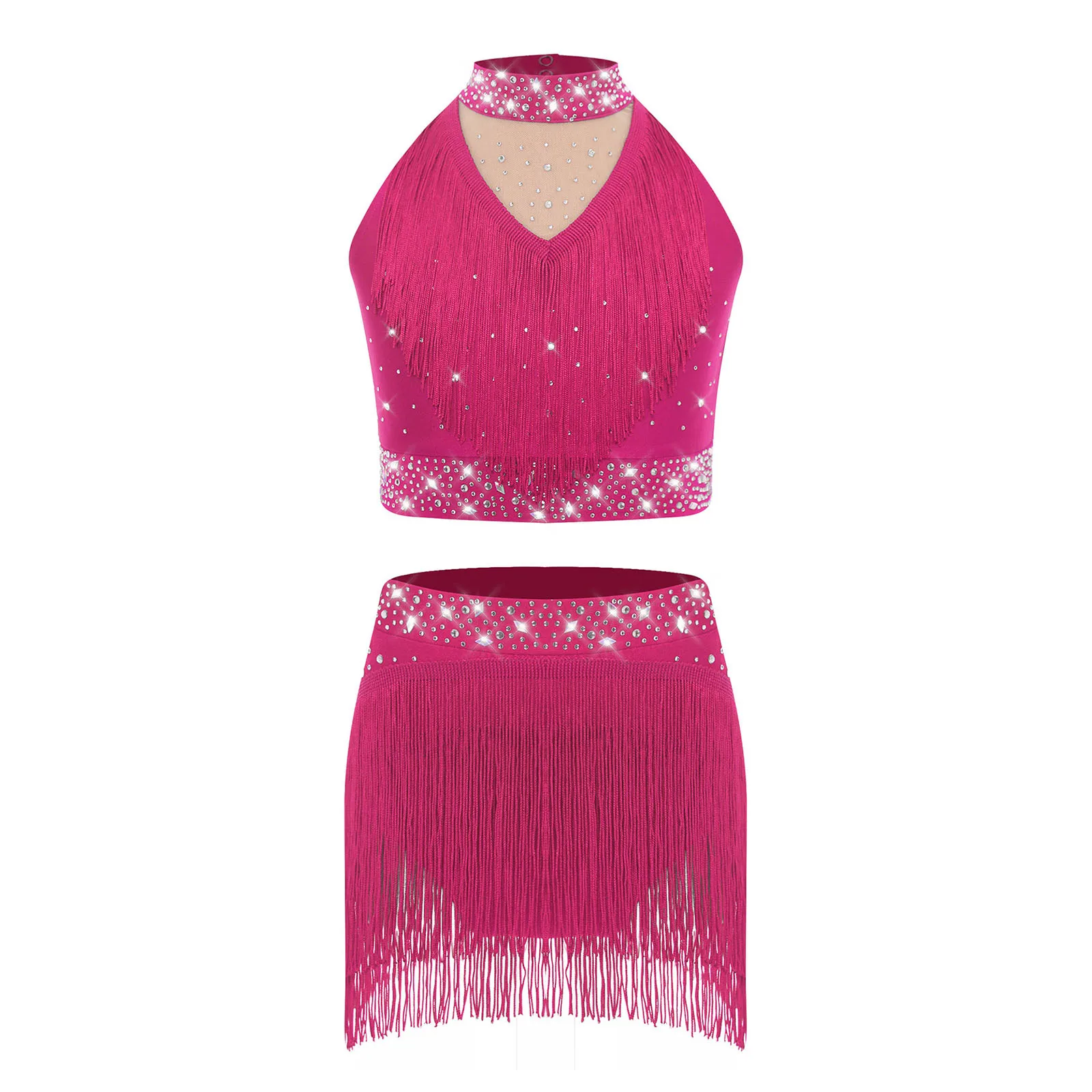 Girls Latin Jazz Dance Outfit Sparkly Sequins Tank Tops Dance Vest with Dance Bottoms Set Stage Performance Dancewear