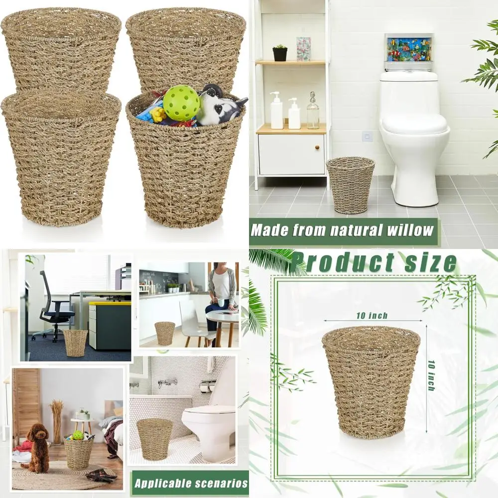 

Seagrass Waste Baskets Set of 4, 3 Gallon Boho Wicker Trash Cans for Bathroom and Bedroom, Rattan Garbage Bins with Bohemian Sty