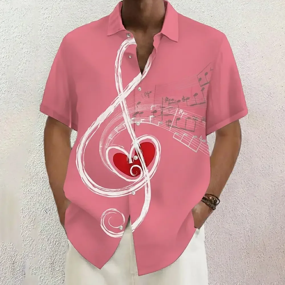 

Valentine's Day Men's Musical Notes Heart-shaped Shirt Summer Shirt Button Up Shirt Short Sleeve Fashion Casual Gift Shirt