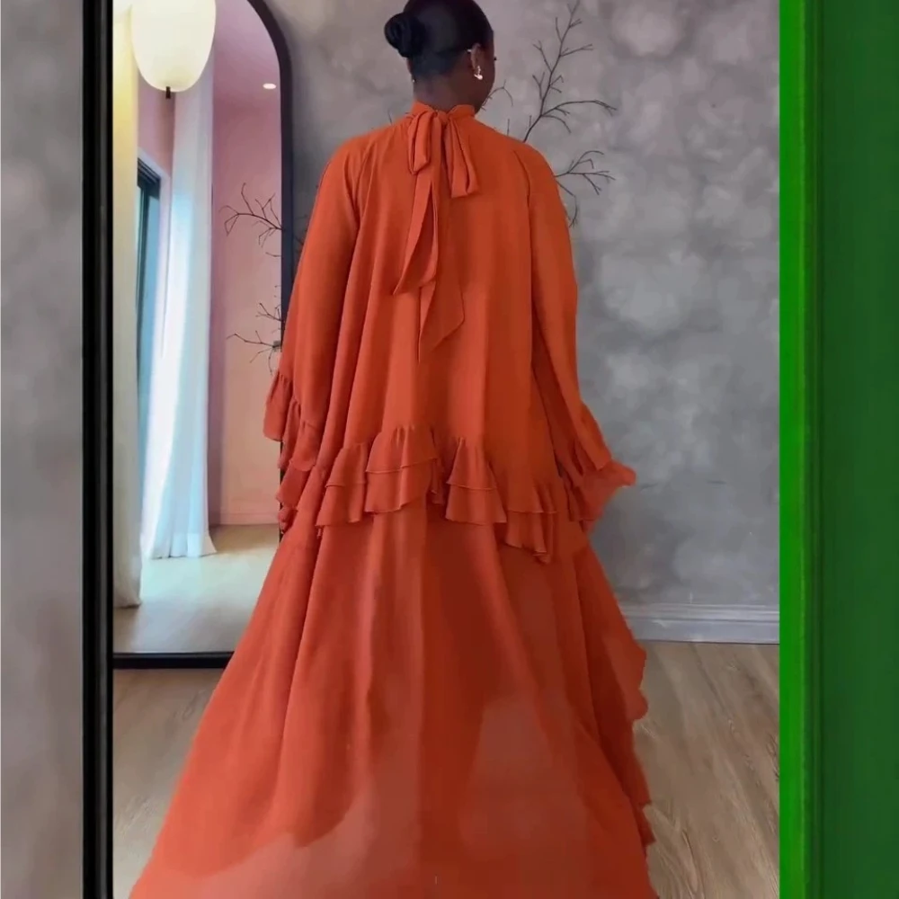 Customized Burnt Orange Chiffon Evening Dress High Neck Keyhole Ruffle Bell Sleeve High Low Formal Party Gown
