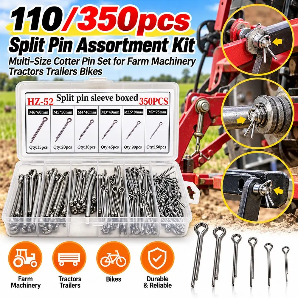 110/350Pcs Carbon Steel Split Pin Multi-Size Boxed Assortment Fastener Assortment Silver Tone Durable Cotter Pin