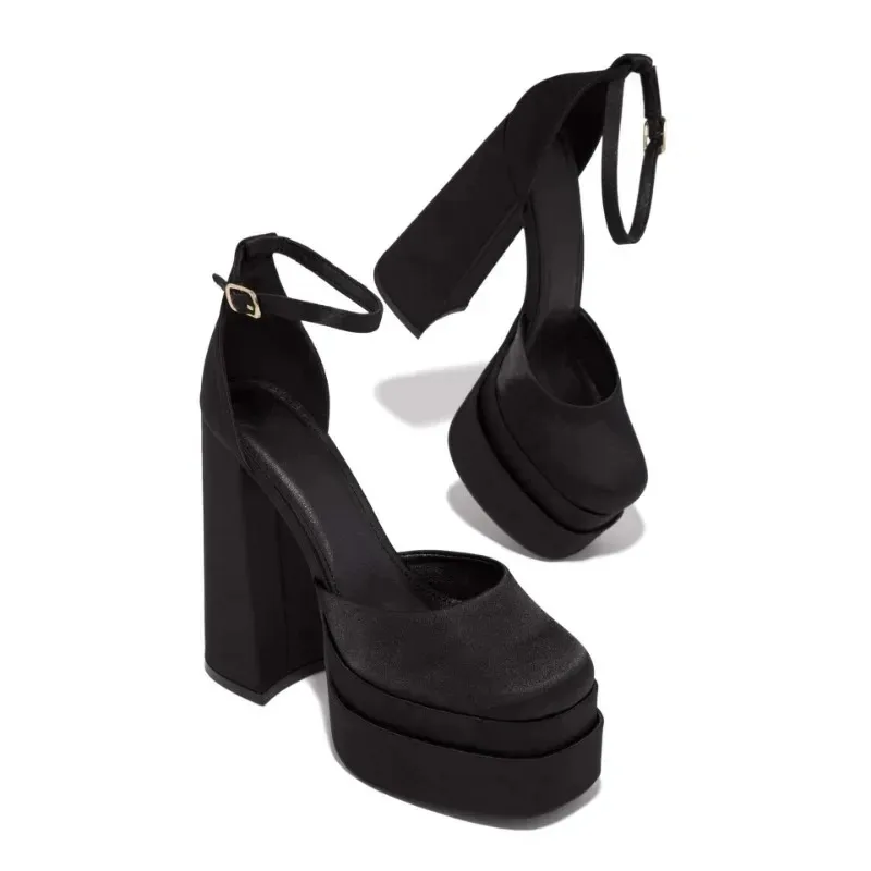 

Summer New Fashion Water Platform Women Sandal Buckle Strap Silk 12CM Square Heel High Quality Sexy Rome Baotou Women Shoes