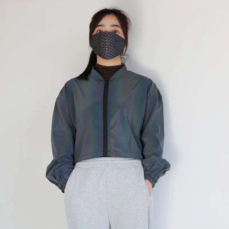 Jaqueta de beisebol reflexiva colorido casaco curto oversize streetwear bombardeiro jaqueta moda outerwear feminino y2k festa clubwear