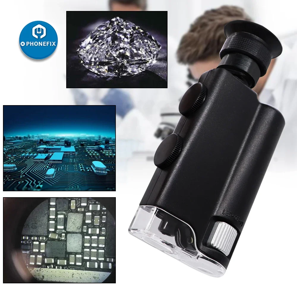 Portable Handheld Pocket Microscope 60x -100x 200X-240X Zoom LED Lamp Light Jewelry Magnifier Glass Phone Soldering Repair Tool