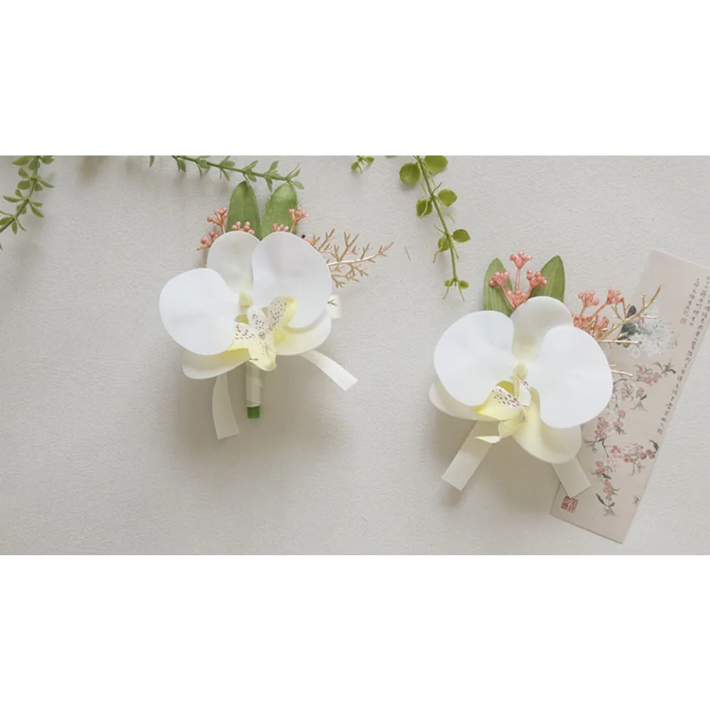 Цветочная бутоньерка, корсаж Фаленопсис, свадебные аксессуары, цветок для невесты, мужская бутоньерка и женский корсаж на запястье