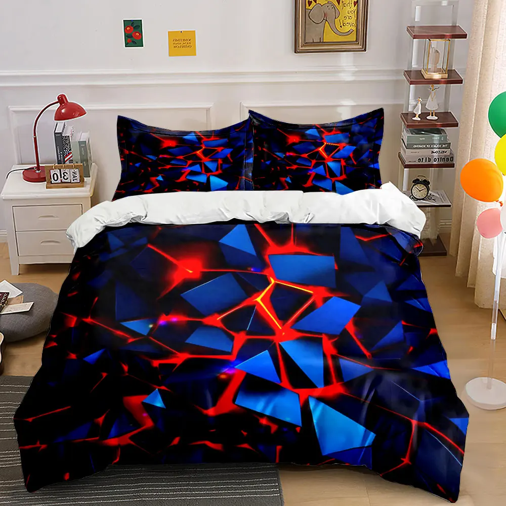 3Pcs Futuristic 3D Geometric Bedding Set with Neon Light Print,Soft Duvet Cover  2 Pillowcases,Modern Techno Style Bedroom Decor