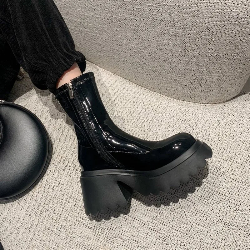 Bottes Hautes en Cuir Verni pour Femme, Chaussures sulfà Talons Hauts, Style Punk, avec Fermeture Éclair, à la Mode, pour Automne et Hiver