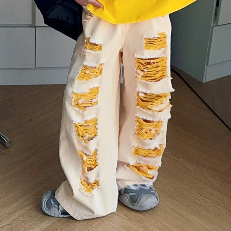 Teens Girls Ripped Jeans Summer Tweens Kids Broken Hole Denim Pants Fashion Elastic Waist Children Trousers Age 5-14 Years Old
