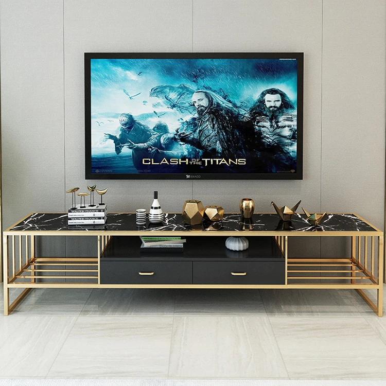 ￥#Home Furniture Luxury White Modern Drawer Metallic Marble Top Tv Unit Cabinet