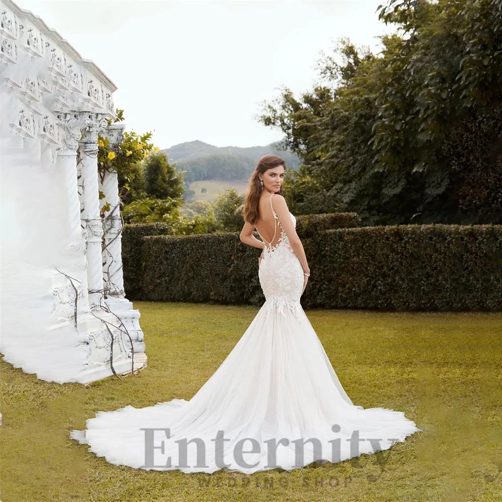 Vestido De novia con tirantes finos y apliques De encaje personalizado, vestido De novia sin mangas con cuello en V y espalda descubierta, Vestidos De Novi 2024