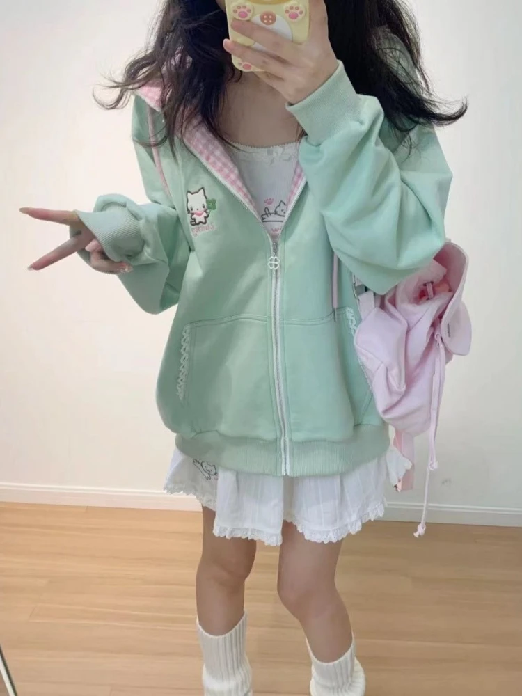 HOUZHOU Kawaii Lace Patchwork Plaid Women Hoodies Sweet Cat Embroidery Japanese Fashion Zipper Hooded Sweatshirt Pocket Loose