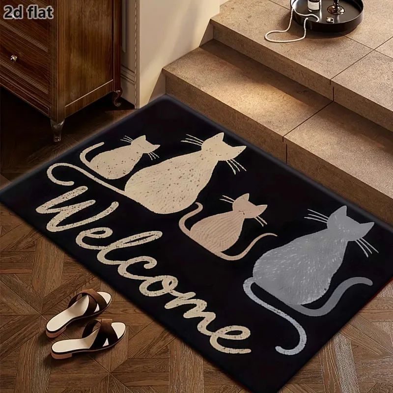 Door Mat Non Slip Washable Flannel Cute Welcome Cat Soft Entryway Rug for Front Porch Home Decor