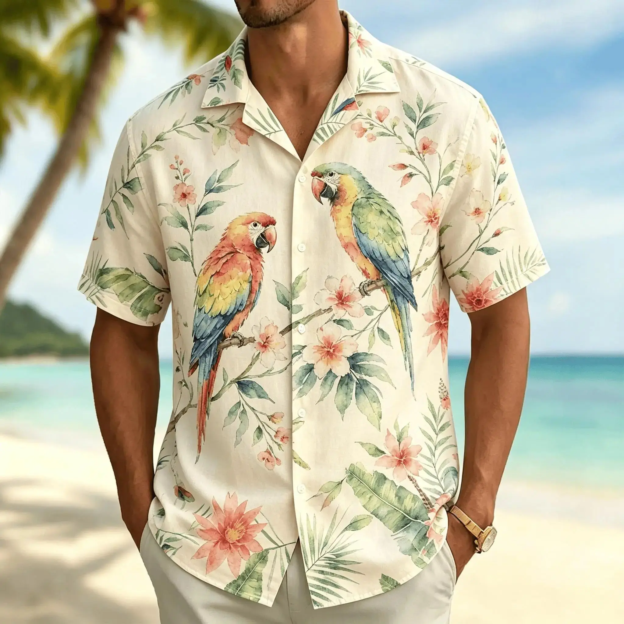 Men's Tropical Parrot Print Short-sleeved Shirt in Casual Hawaiian Style with Buttons on The Front