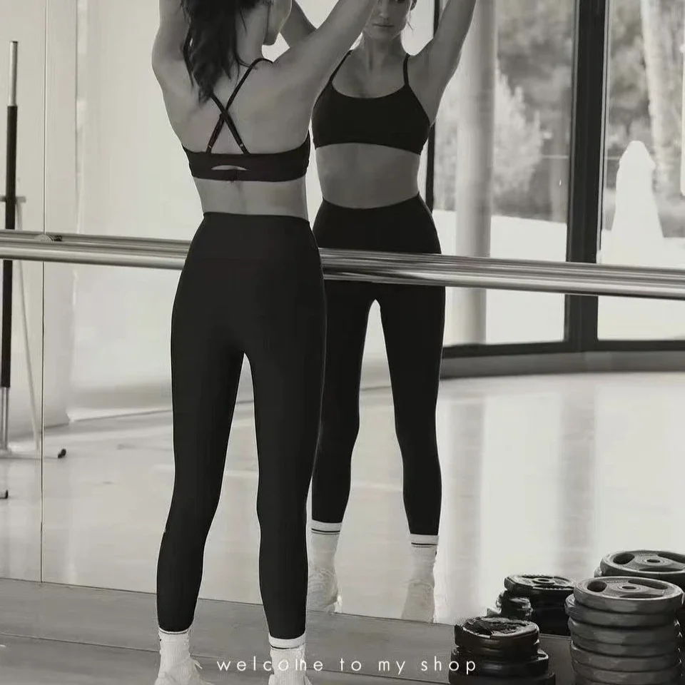 

AL Yoga Sports Bra Legging Set Women's Scoop Neck Underwear Open Back Yoga Bra Gym Running Crop Tops High Wais Leggings