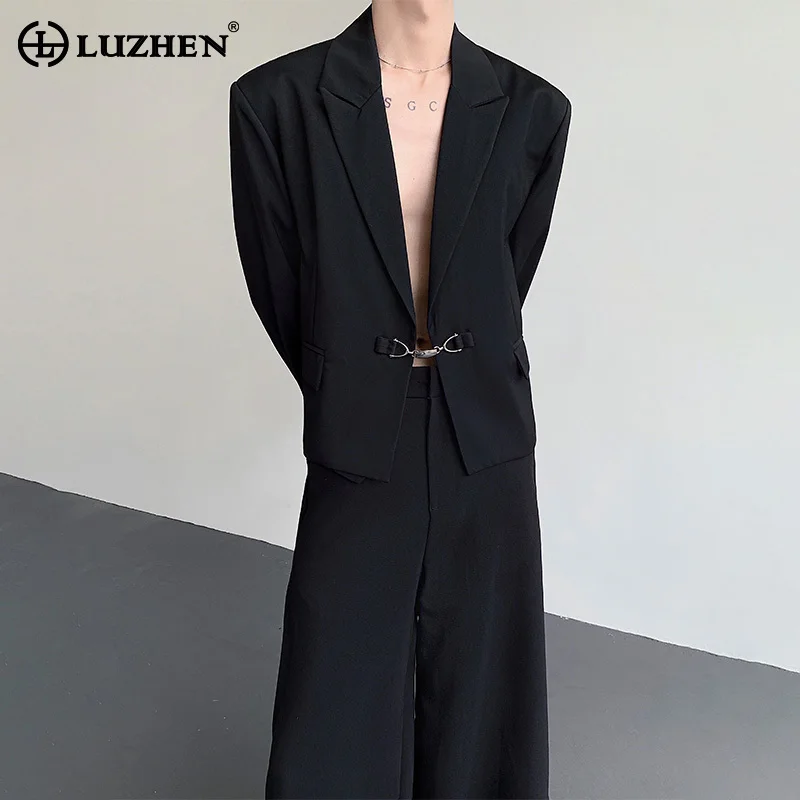 LUZHEN Fashion Korean Elegant Metal Buckle Placket Loose Blazer Coat Men 2025 New Solid Color Trendy Casual Male Clothes JY3447