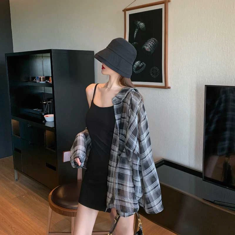 2024 Summer Autumn New Women's Shirt Thin Casual Street Style Shirt Outer Top Checkered Shirt Cardigan Coat for Women