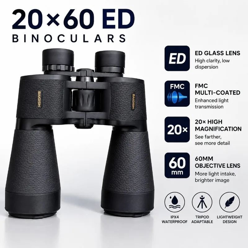 Baigish 20x60 Powerful Binocular Telescope Ed Lens High Quality High Power Telescope Professional Observation Hunting Telescope