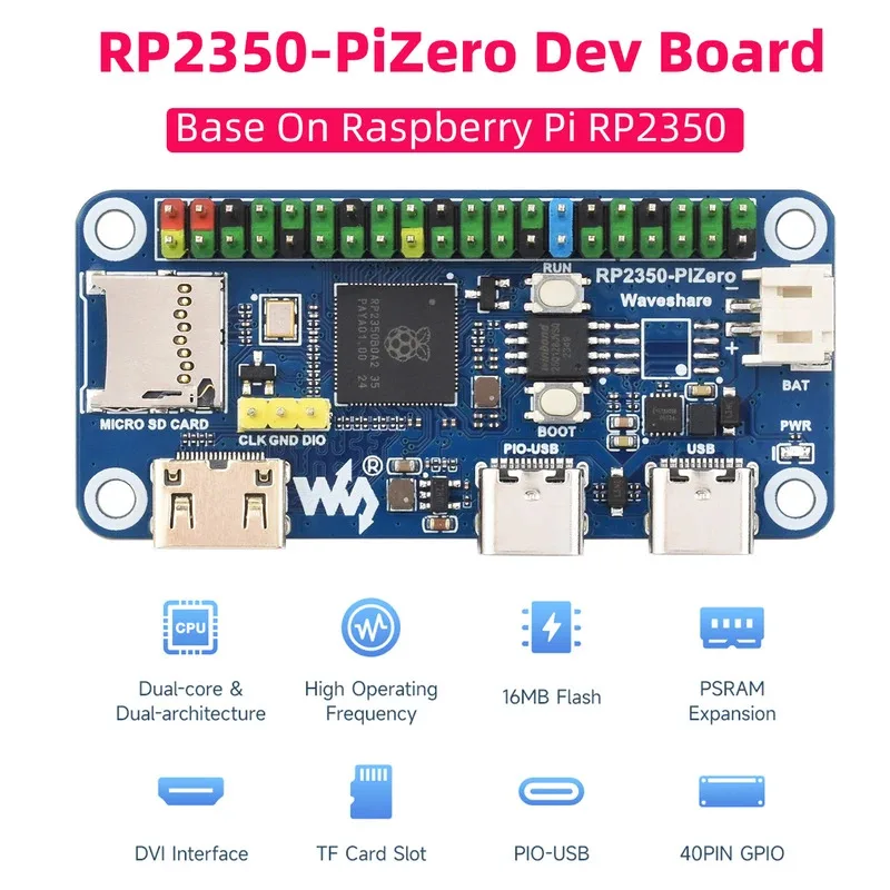 RP2350-PiZero Raspberry Pi Pico 2 RP2350B Microcontroller 520KB SRAM 16MB Flash TF Slot PIO-USB Port DVI Interface