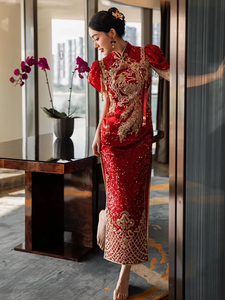 

Ele Long-Qipao Wedding Dr Classical Chinese Sle for Bridal Thank You Banquet High-End Vintage Sle Midi Skirt