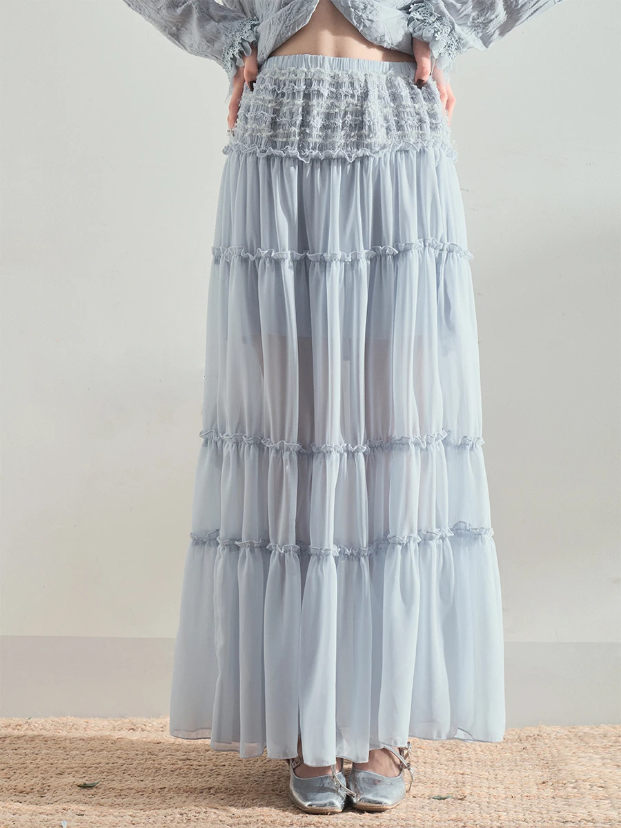 

Летняя тонкая шифоновая юбка Liparpa Glass Island Blue Girl с эффектом снежинок, прозрачная, полная, А-силуэт, миди-юбка