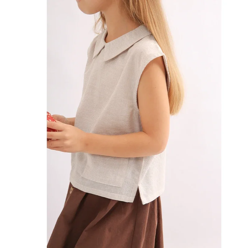 女の子のためのストライプのノースリーブTシャツ,ポケット付きのコットンとリネンのトップス,和風カジュアルウェア,新しい夏のコレクション2024