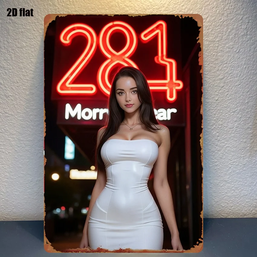Vintage-Metallschild – weiße Frauensilhouette im Kleid, Retro-Neonlicht-Dekoration, 20,3 x 30,5 cm