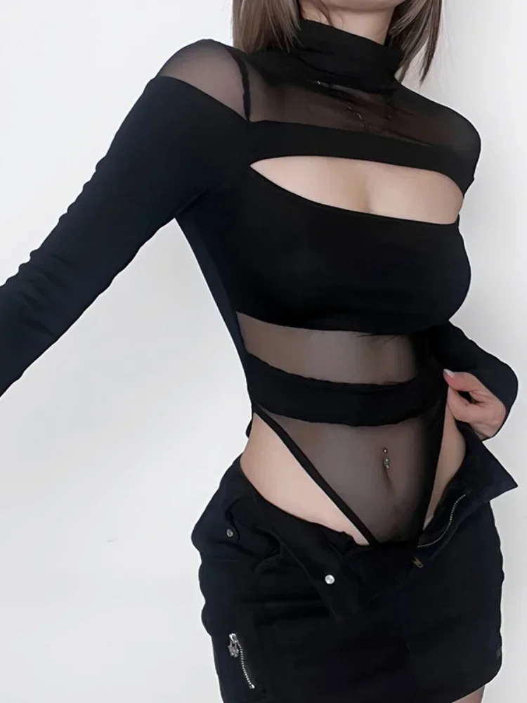 

One-piece mesh cut-out solid colour Bodysuit Sexy Fashion High Neck Long Sleeve Festival Outfit Slim Casual Knit Lingerie Sexy
