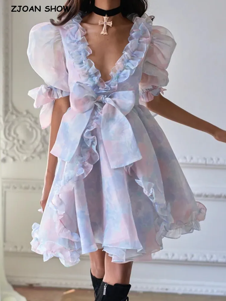 

Sweet Colored Pink Blue Tie dye Organza Ball Gown Dress Spliced Wood ears Front Puff Sleeve Women Swing Mini Fairy Cake Vestidos