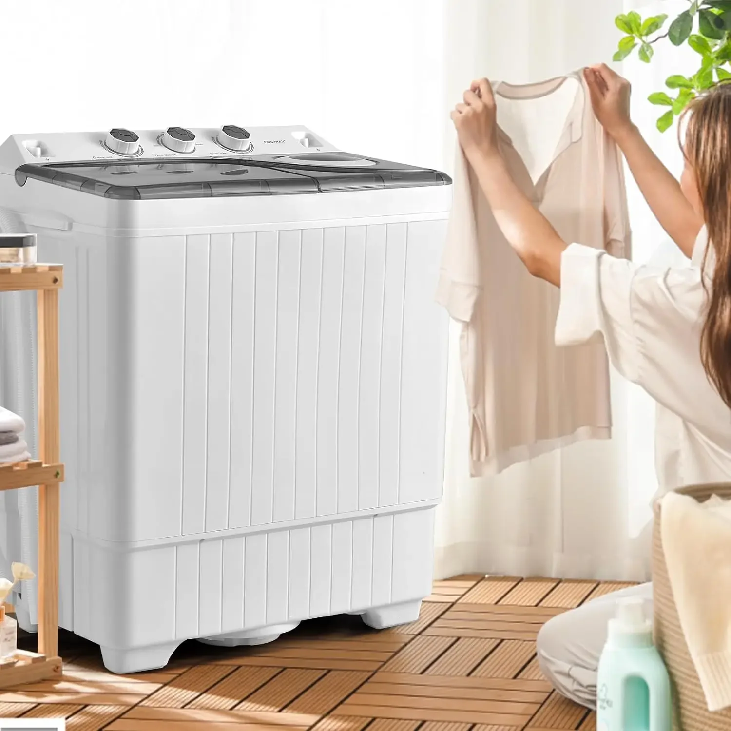 Portable Washing Machine, Twin Tub 26lbs Capacity Laundry Washer, 18lbs Washer and 8lbs Spinner Combo with Timer Knobs, Built-in